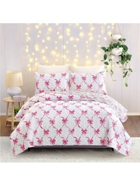 Modern Heirloom ~ TWIN Abigail Bow Quilt Set 2 Pc Quilted Reversible Wash